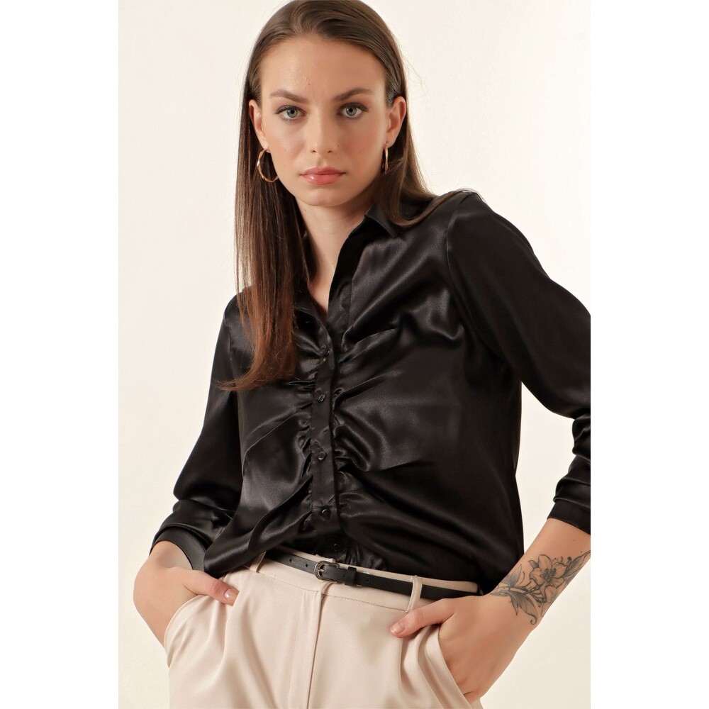 Bigdart Women's Black Satin Shirt Blouse Button Down Long Sleeve